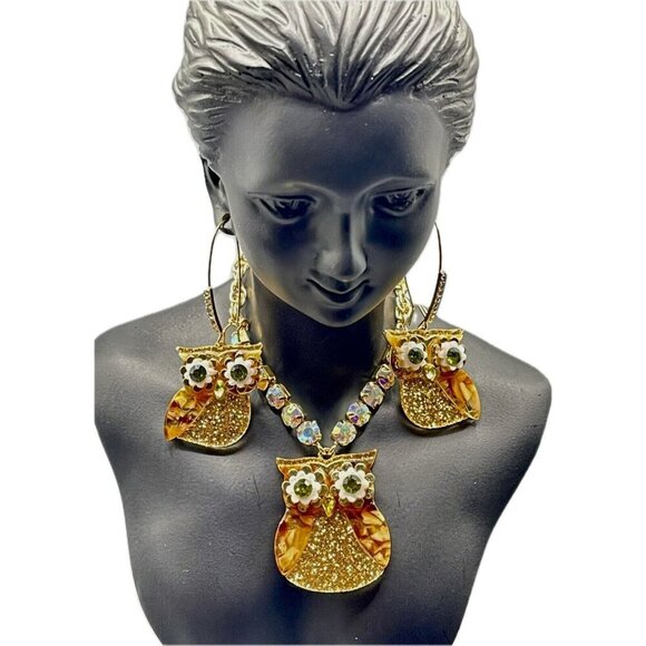 Betsey Johnson Gold Glitter Green Eye Owl Pendant Pave Detail Necklace Set-2 PC - Picture 2 of 5
